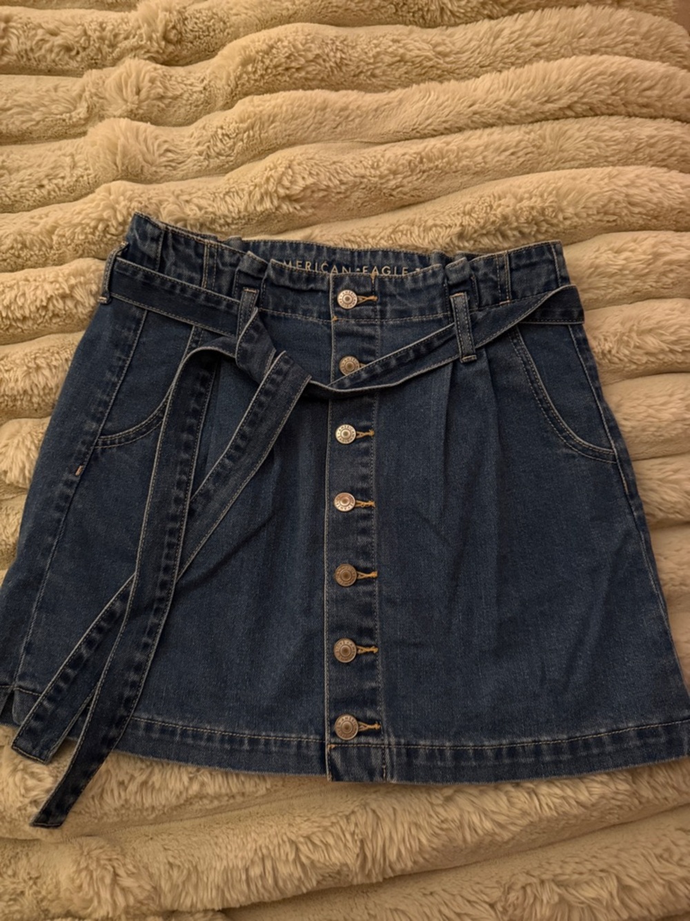 American Eagle Outfitters Dark Blue Denim Button-Front Mini Skirt with Tie Belt